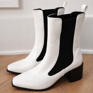 ShuShop Zella White Chelsea Boots Women 6 Block Heel Retro Mod Ankle Pull On